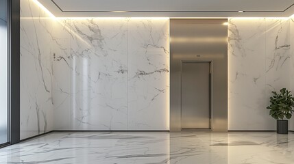 Sleek entrance with a seamless white marble wall and a concealed door