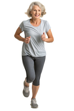 Active Senior Woman in Grey Sportswear Running with Joy