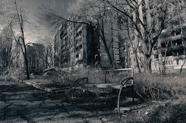 destroyed and burned houses in the city Russia Ukraine war