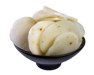 Unfried prawn crackers in a black ceramic bowl