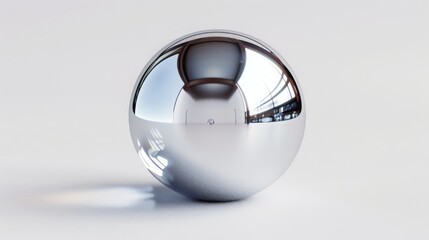 A shiny silver ball sits on a white background