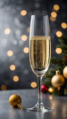 Holiday Elegance, Champagne Flute on Silver Surface, Perfect for Christmas and New Year