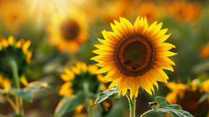 Fototapeta premium Bright sunflower field at sunset, close focus on one sunflower with bees