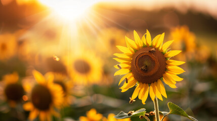 Obraz premium Bright sunflower field at sunset, close focus on one sunflower with bees