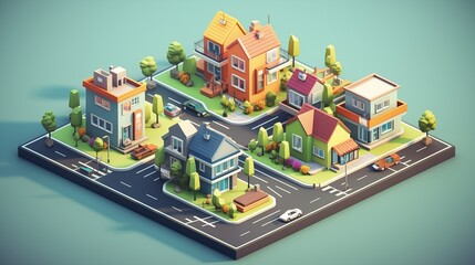 Isometric 3D Scene Featuring Stylish Two-Storey Homes in a Vibrant Urban Setting.