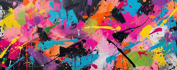 Random splatters of neon colors overlaid with jagged brushstrokes, resulting in an edgy, graffitiinspired style