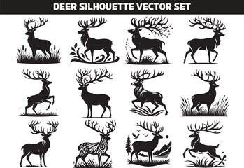 Deer Silhouette Vector Illustration Set