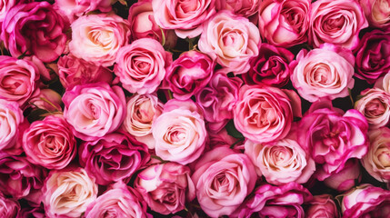 Fototapeta premium Nature, flower buds of pink roses in summer top view, wallpaper background. AI generated.
