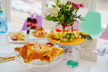 Festive table with fruits and snacks. Catering for the holiday.
