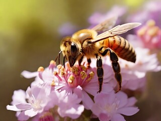 A honey bee collects nectar from a vibrant pink flower