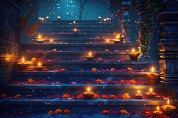 Festive Diwali Night concept with the stairs and diya oil lamp decorations realistic background,