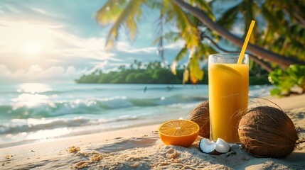 A tropical summer background with a beach and palm trees, a coconut on the sand, and an orange juice glass on top of that. The blue sea is visible in the distance. sunny outside.