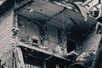 destroyed and burned houses in the city Russia Ukraine war