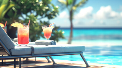 Realistic style of luxury poolside lounge chairs with summer cocktails