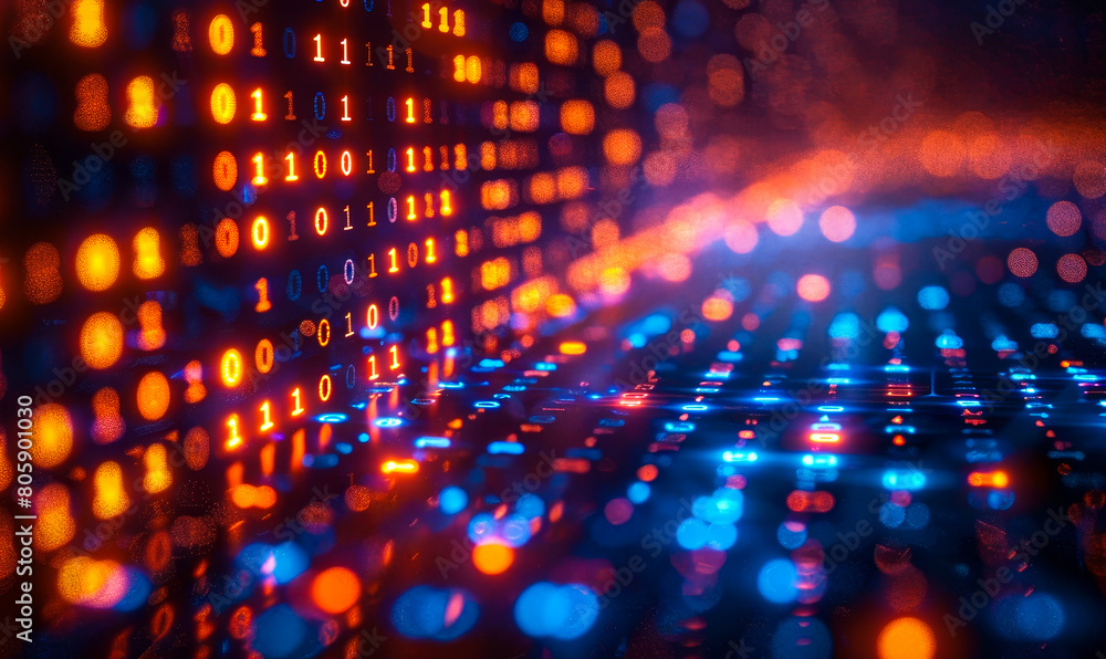 Poster futuristic digital finance grid: binary code matrix representing technological innovation in financi