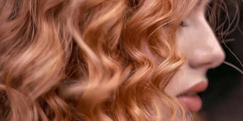 Naklejka premium Young lady with blond and curvy hair in closeup view