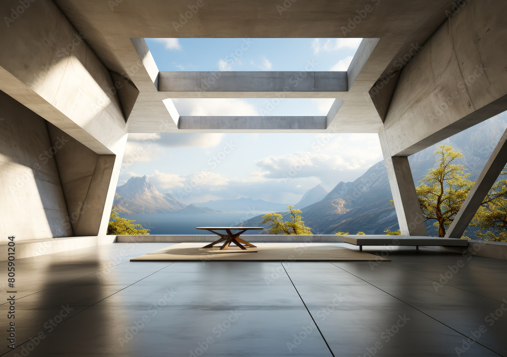Poster futuristic modern architecture 3d render - abstract concrete structure, empty floor, geometric desig