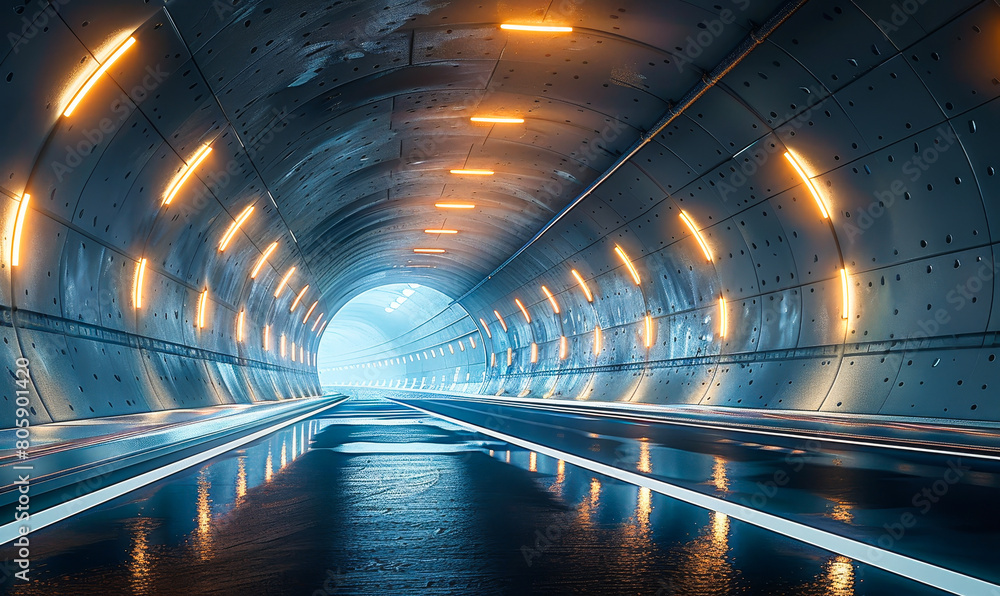 Poster futuristic highway tunnel architecture 3d rendering | empty road asphalt | modern infrastructure con
