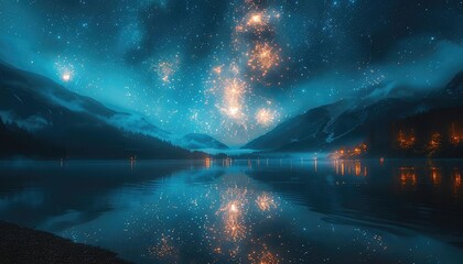 Fireworks explode over a tranquil mountain lake, casting shimmering reflections on the water's surface