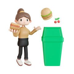 3d renderring a woman with a green rectangular trash can and garbage transparent