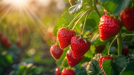 A vibrant and lush strawberry field, with bright red strawberries hanging from the branches in full bloom under warm sunlight. creating an inviting scene of nature's abundance. 