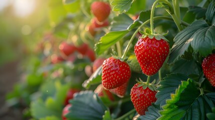 A vibrant and lush strawberry field, with bright red strawberries hanging from the branches in full bloom under warm sunlight. creating an inviting scene of nature's abundance. 
