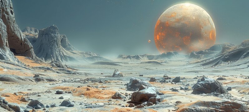 A barren extraterrestrial landscape with a large orange planet and smaller moon in the sky, surrounded by rocky terrain and cliffs under a light blue sky.