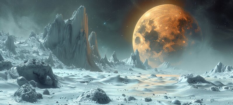 A vast, snowy landscape with jagged mountains under a starry sky, dominated by a large, detailed moon.