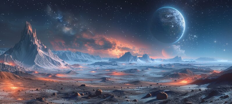 A panoramic extraterrestrial landscape at twilight with a large Earth-like planet rising in the sky, featuring towering mountains, vast deserts, and glowing lava flows.