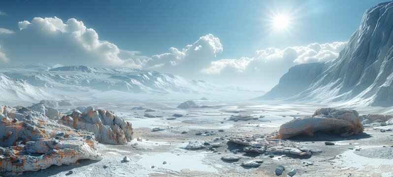A panoramic view of a snowy landscape with rocky formations under a bright sun and partly cloudy sky.