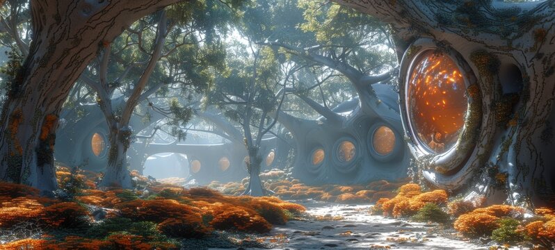 A mystical forest scene with large, ancient trees having circular orange glowing windows. A fairytale wallpaper.