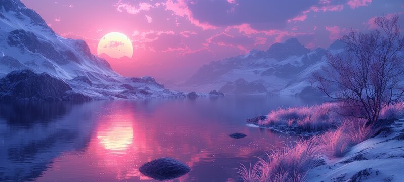 Serene winter landscape at sunset with snow-covered mountains, a calm lake reflecting the pink sky, and a solitary tree.