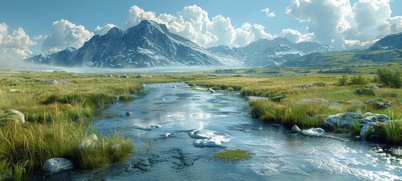 A serene river flowing through a grassy valley with majestic mountains in the background under a partly cloudy sky.