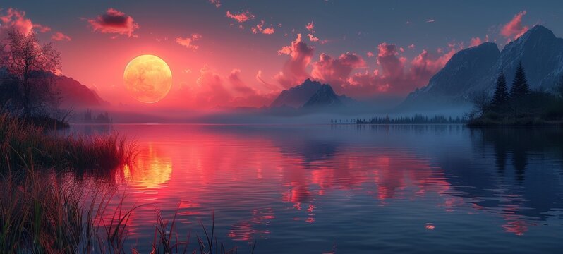 A tranquil landscape with a large orange moon rising over a mountainous lakeside at dusk, reflecting on the water under a pink sky.