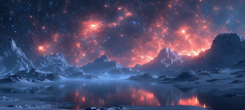 A serene night landscape with a starry sky over snow-capped mountains and a reflective lake.