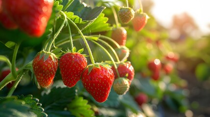 A vibrant and lush strawberry field, with bright red strawberries hanging from the branches in full bloom under warm sunlight. creating an inviting scene of nature's abundance. 