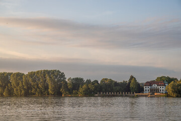 Eltwille on the Rhine, beautiful long exposure in the morning. Beautiful sunrise with castle and river Rhine. Soft water and great atmosphere