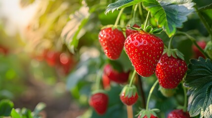 A vibrant and lush strawberry field, with bright red strawberries hanging from the branches in full bloom under warm sunlight. creating an inviting scene of nature's abundance. 