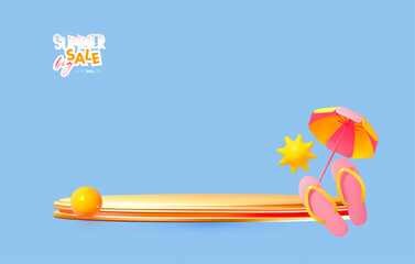 Summer Sale poster template with round podium. Product display with cute 3D render: beach umbrella, flip flops and sun.