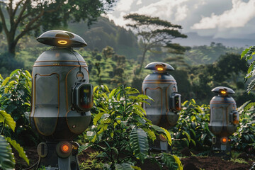 Futuristic Kenyan coffee plantation with robotic harvesting and holographic tastings.