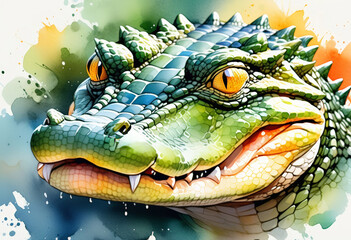 Colorful digital illustration of a detailed, close-up alligator head with a vibrant watercolor background, ideal for wildlife themes and conservation projects