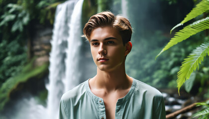 Confident young man posing in a tropical forest with a waterfall backdrop, suitable for adventure travel, eco-tourism, and Earth Day campaigns