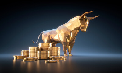 Golden polygonal  bull with stacks of golden coins on a dark blue backdrop - 3D illustration