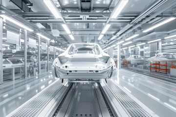 Obraz premium Modern passenger car assembly line in factory with conveyor belt and industrial workers