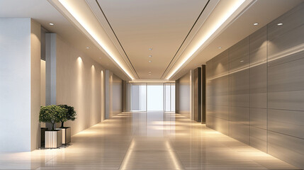 Obraz premium High-rise entrance hall with a minimalist gypsum ceiling and recessed lighting, reflecting off a light wooden floor.