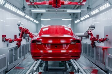 Industrial robot painting passenger car body in factory paint chamber with bright white background