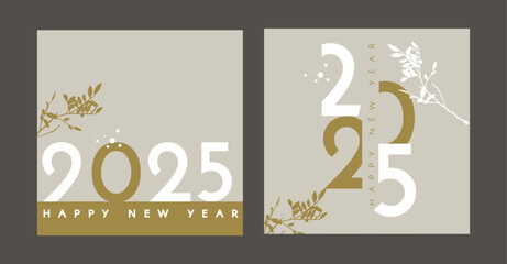 Happy New 2024 Year card template set with winter branch and snow. Minimal text template.