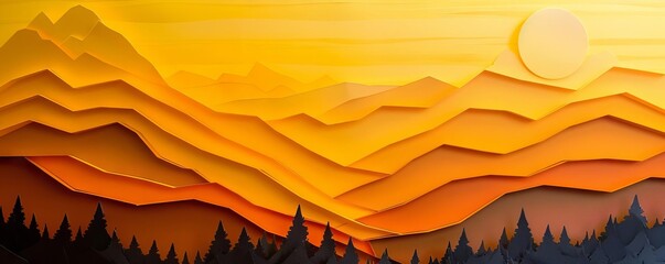 Vibrant hues of yellow and orange layered to create a paper cut sunset against a silhouette of mountains