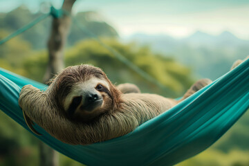 A sloth, either twotoed or threetoed, sleeps peacefully in a blue hammock. Generative AI