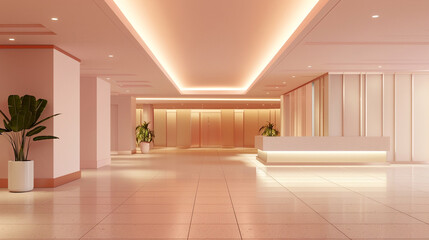 Soft-toned lobby with a subtle pink ceiling and matching tiled floor.